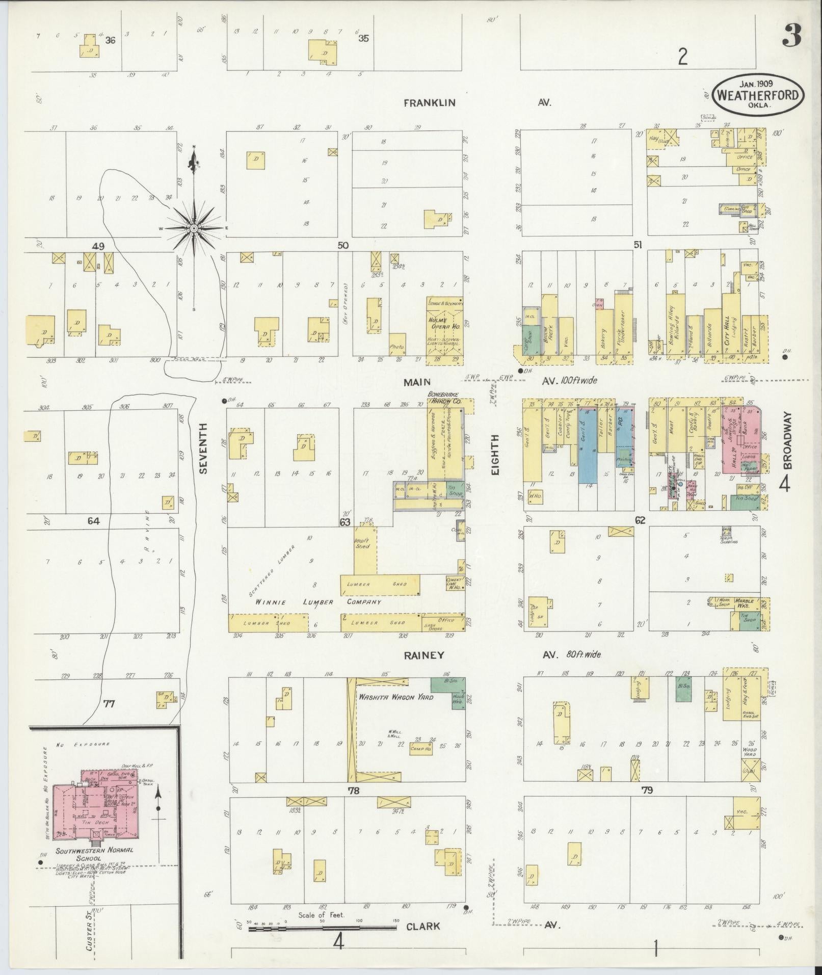 Sanborn Fire Insurance Map from Weatherford, Custer County, Oklahoma (1909), Sheet #0003 - Historic Sanborn Fire Insurance Map Print, vintage old map wall art, antique decor, genealogy gift, Oklahoma Oklahoma map