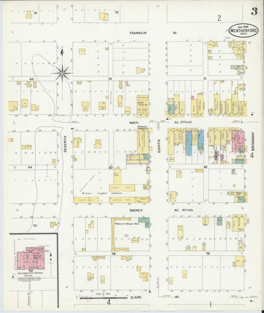 Sanborn Fire Insurance Map from Weatherford, Custer County, Oklahoma (1909), Sheet #0003 - Historic Sanborn Fire Insurance Map Print, vintage old map wall art, antique decor, genealogy gift, Oklahoma Oklahoma map