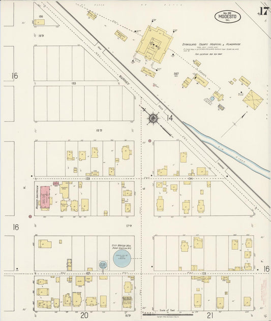 Sanborn Fire Insurance Map from Modesto, Stanislaus County, California (1919), Sheet #0017 - Historic Sanborn Fire Insurance Map Print, vintage old map wall art, antique decor, genealogy gift, California California map
