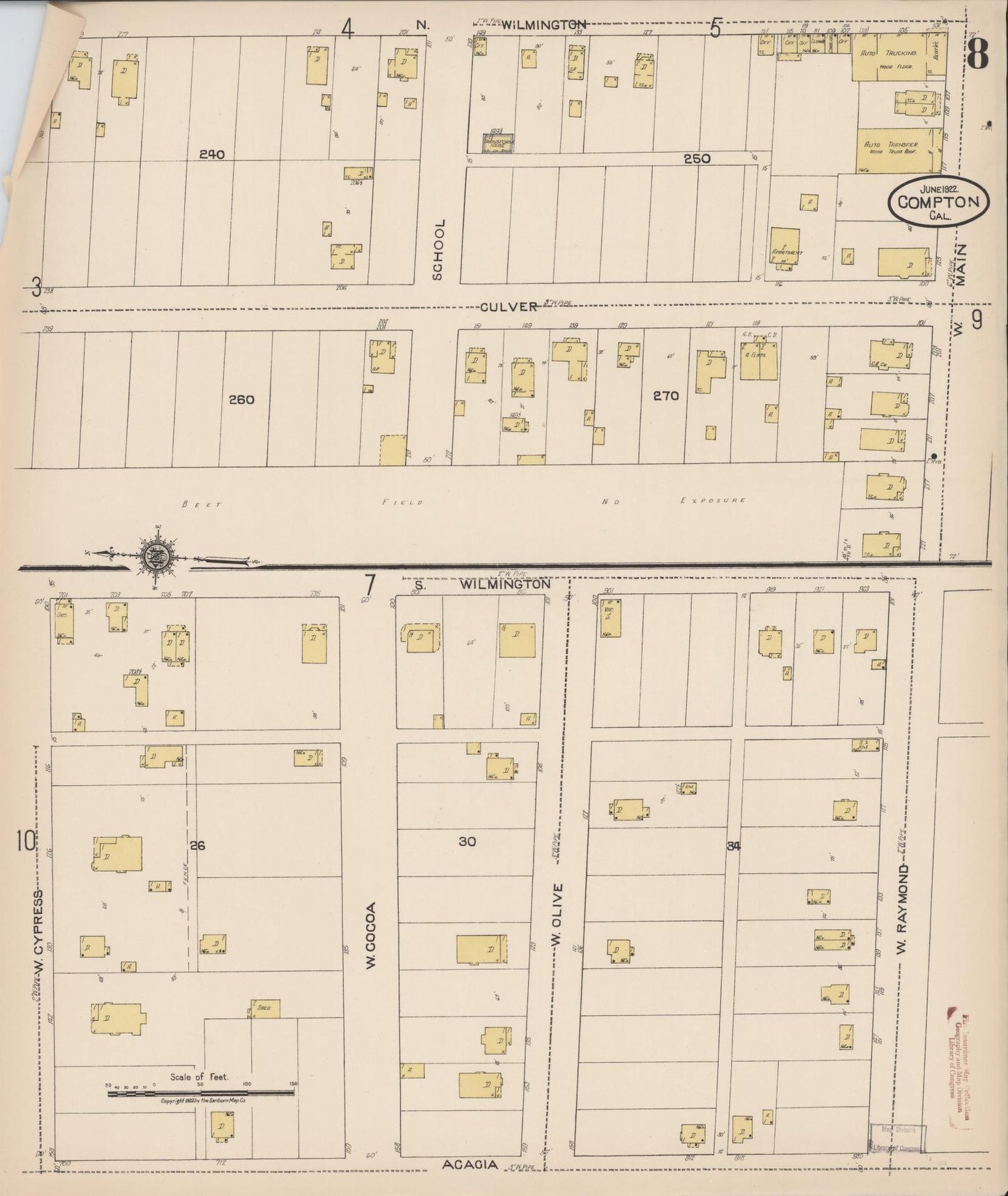 Sanborn Fire Insurance Map from Compton, Los Angeles County, California (1922), Sheet #0008 - Historic Sanborn Fire Insurance Map Print, vintage old map wall art, antique decor, genealogy gift, California California map