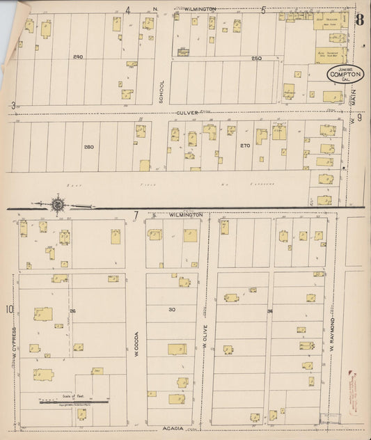 Sanborn Fire Insurance Map from Compton, Los Angeles County, California (1922), Sheet #0008 - Historic Sanborn Fire Insurance Map Print, vintage old map wall art, antique decor, genealogy gift, California California map