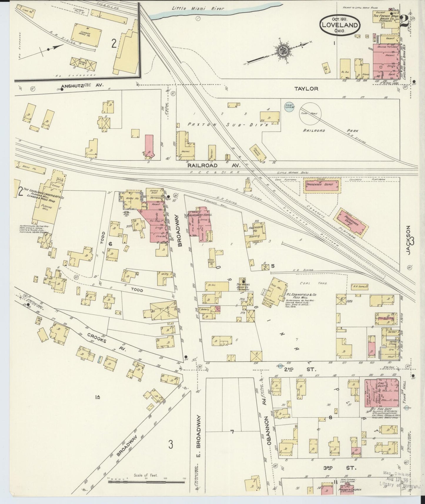 Sanborn Fire Insurance Map from Loveland, Clermont, Hamilton, And Warren County, Ohio (1911), Sheet #0002 - Historic Sanborn Fire Insurance Map Print, vintage old map wall art, antique decor, genealogy gift, Ohio Ohio map
