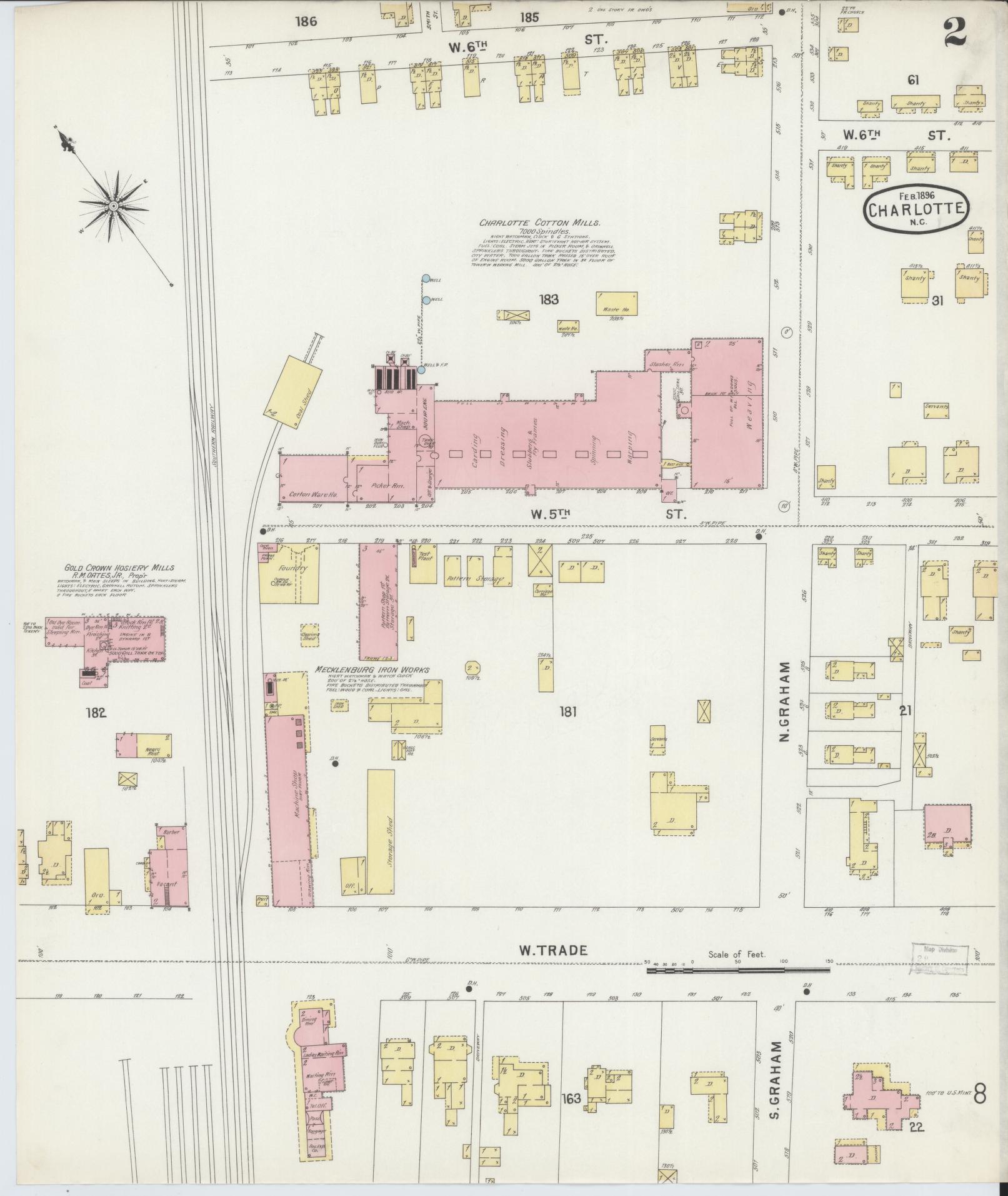Sanborn Fire Insurance Map from Charlotte, Mecklenburg County, North Carolina (1896), Sheet #0002 - Historic Sanborn Fire Insurance Map Print, vintage old map wall art, antique decor, genealogy gift, North Carolina North Carolina map