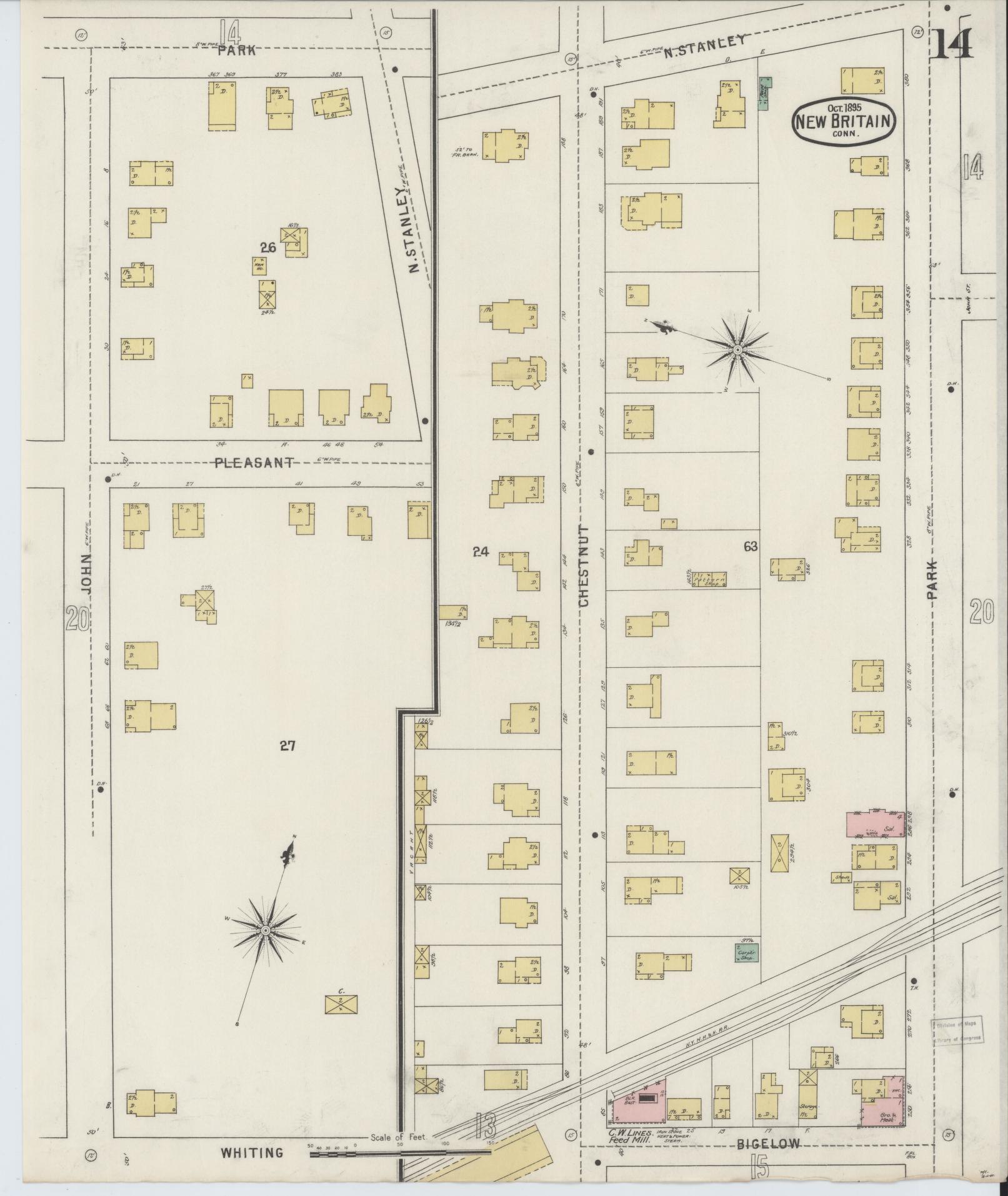 Sanborn Fire Insurance Map from New Britain, Hartford County, Connecticut (1895), Sheet #0014 - Historic Sanborn Fire Insurance Map Print, vintage old map wall art, antique decor, genealogy gift, Connecticut Connecticut map