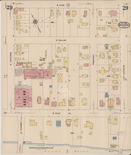 Sanborn Fire Insurance Map from Monroe, Monroe County, Michigan (1922), Sheet #0029 - Historic Sanborn Fire Insurance Map Print, vintage old map wall art, antique decor, genealogy gift, Michigan Michigan map