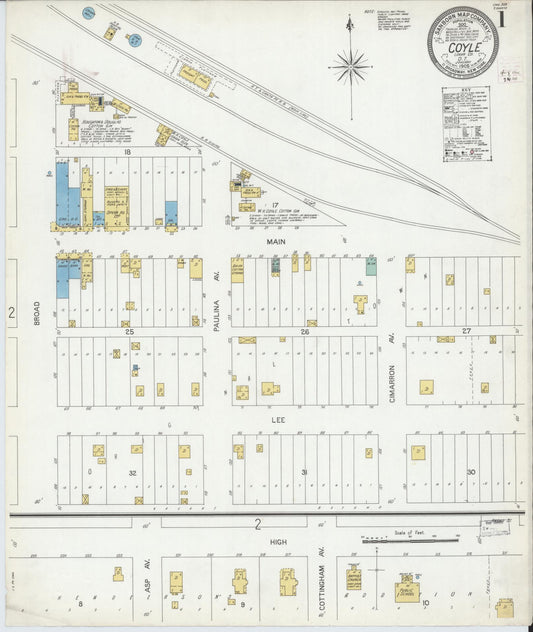 Sanborn Fire Insurance Map from Coyle, Logan County, Oklahoma (1905), Sheet #0001 - Historic Sanborn Fire Insurance Map Print, vintage old map wall art, antique decor, genealogy gift, Oklahoma Oklahoma map
