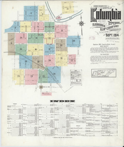 Sanborn Fire Insurance Map from Columbia, Maury County, Tennessee (1914), Sheet #0001 - Complete Map Set gallery image, historic Sanborn map, vintage wall art, Tennessee Tennessee