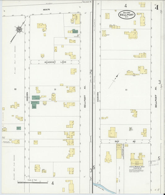 Sanborn Fire Insurance Map from Bellport, Suffolk County, New York (1910), Sheet #0004 - Historic Sanborn Fire Insurance Map Print, vintage old map wall art, antique decor, genealogy gift, New York New York map