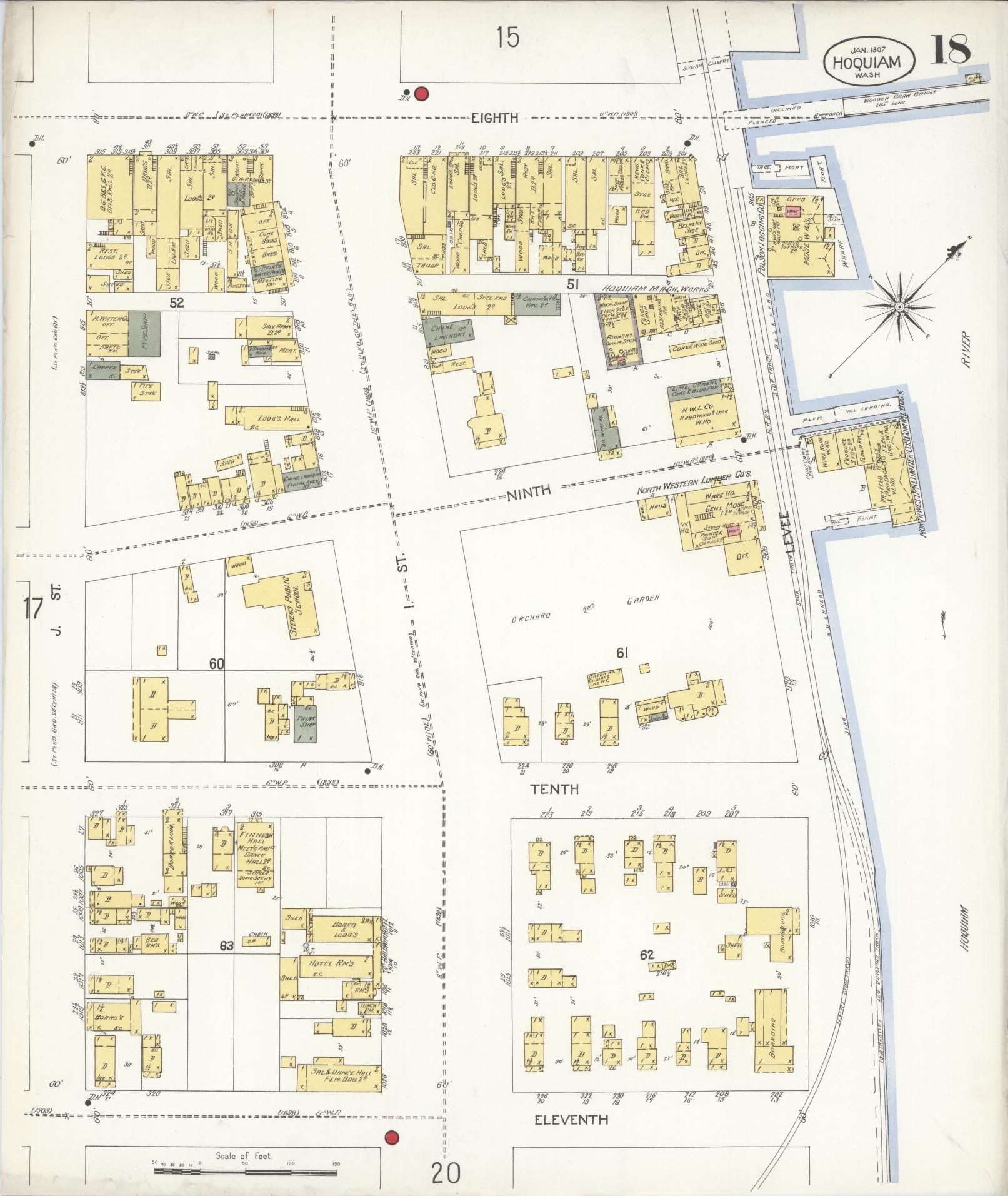 Sanborn Fire Insurance Map from Hoquiam, Grays Harbor County, Washington (1907), Sheet #0018 - Complete Map Set gallery image, historic Sanborn map, vintage wall art, Washington Washington