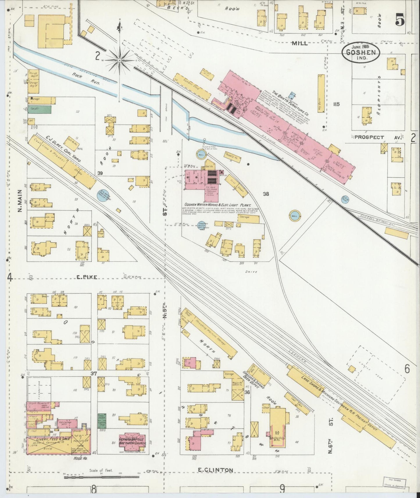 Sanborn Fire Insurance Map from Goshen, Elkhart County, Indiana (1905), Sheet #0005 - Historic Sanborn Fire Insurance Map Print, vintage old map wall art, antique decor, genealogy gift, Indiana Indiana map