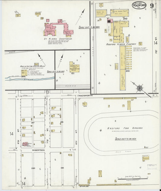 Sanborn Fire Insurance Map from Radford, Independent Cities, Virginia (1920), Sheet #0009 - Historic Sanborn Fire Insurance Map Print, vintage old map wall art, antique decor, genealogy gift, Virginia Virginia map