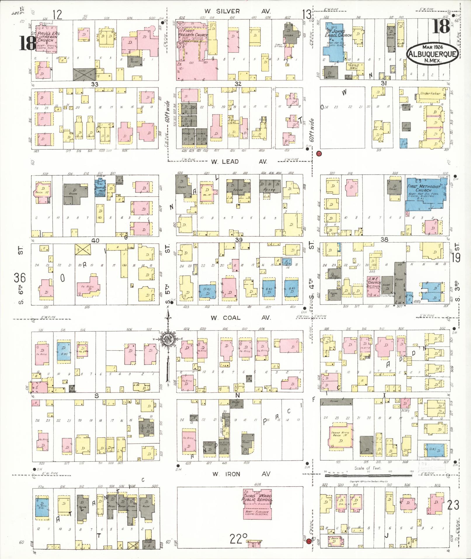 Sanborn Fire Insurance Map from Albuquerque, Bernalillo County, New Mexico (1924), Sheet #0018 - Complete Map Set gallery image, historic Sanborn map, vintage wall art, New Mexico New Mexico