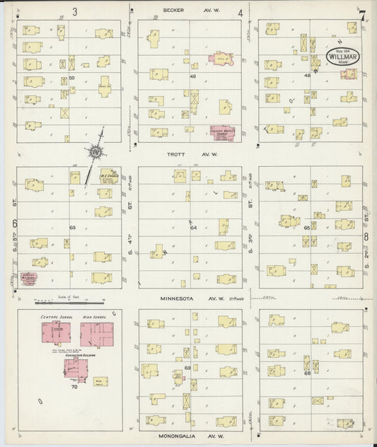 Sanborn Fire Insurance Map from Willmar, Kandiyohi County, Minnesota (1914), Sheet #0007 - Historic Sanborn Fire Insurance Map Print, vintage old map wall art, antique decor, genealogy gift, Minnesota Minnesota map