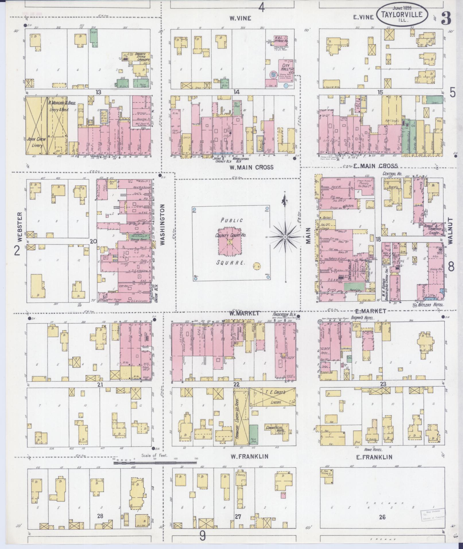 Sanborn Fire Insurance Map from Taylorville, Christian County, Illinois (1899), Sheet #0003 - Complete Map Set gallery image, historic Sanborn map, vintage wall art, Illinois Illinois