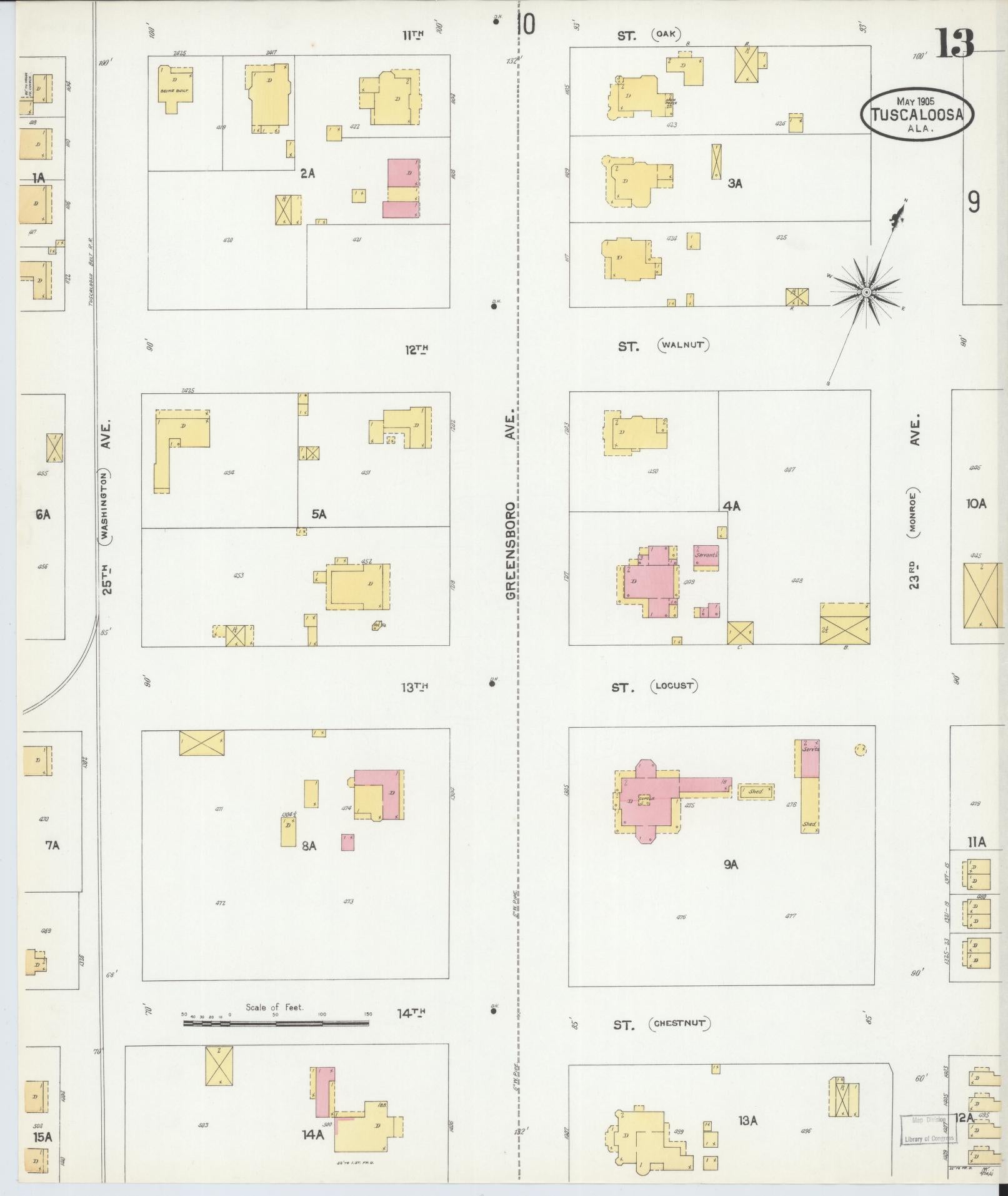 Sanborn Fire Insurance Map from Tuscaloosa, Tuscaloosa County, Alabama (1905), Sheet #0013 - Historic Sanborn Fire Insurance Map Print, vintage old map wall art, antique decor, genealogy gift, Alabama Alabama map