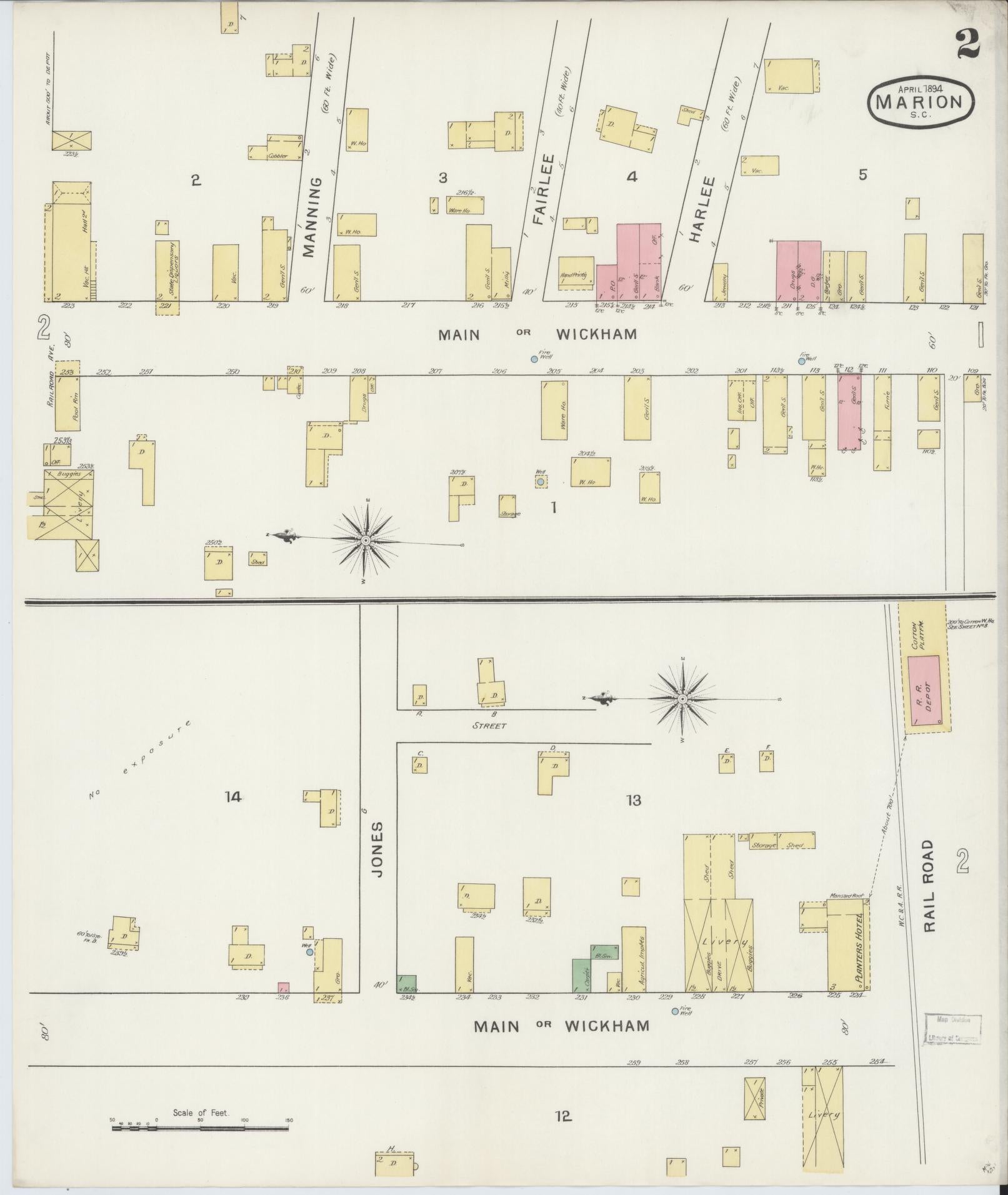 Sanborn Fire Insurance Map from Marion, Marion County, South Carolina (1894), Sheet #0002 - Historic Sanborn Fire Insurance Map Print, vintage old map wall art, antique decor, genealogy gift, South Carolina South Carolina map