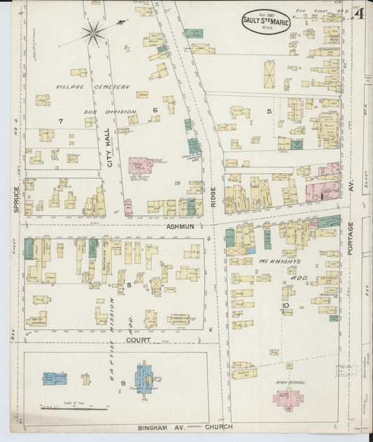 Sanborn Fire Insurance Map from Sault Sainte Marie, Chippewa County, Michigan (1887), Sheet #0004 - Historic Sanborn Fire Insurance Map Print, vintage old map wall art, antique decor, genealogy gift, Michigan Michigan map