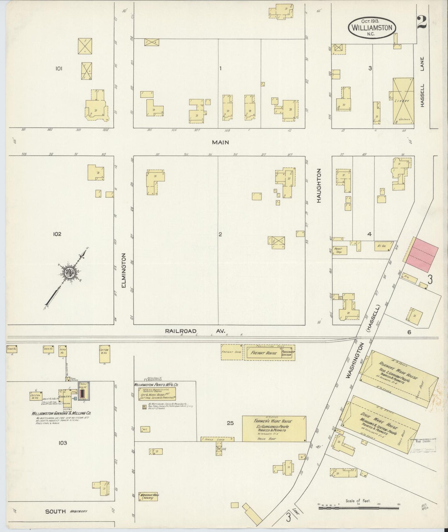 Sanborn Fire Insurance Map from Williamston, Martin County, North Carolina (1913), Sheet #0002 - Complete Map Set gallery image, historic Sanborn map, vintage wall art, North Carolina North Carolina