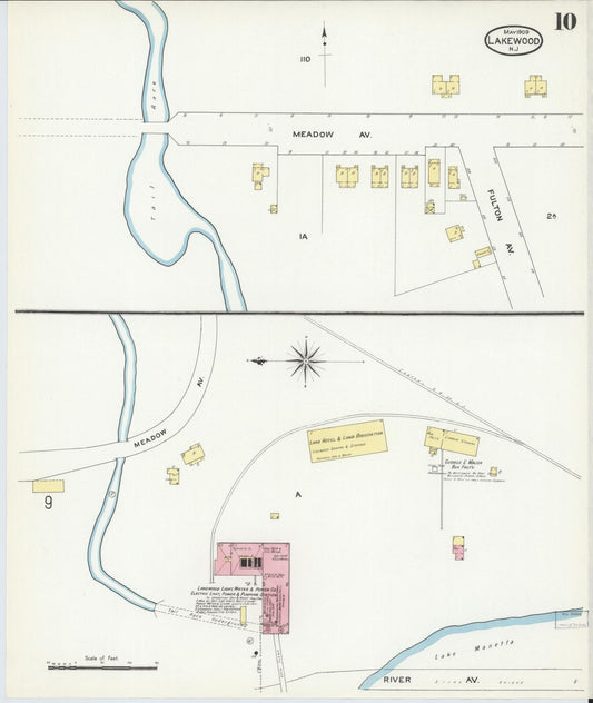 Sanborn Fire Insurance Map from Lakewood, Ocean County, New Jersey (1909), Sheet #0010 - Historic Sanborn Fire Insurance Map Print, vintage old map wall art, antique decor, genealogy gift, New Jersey New Jersey map