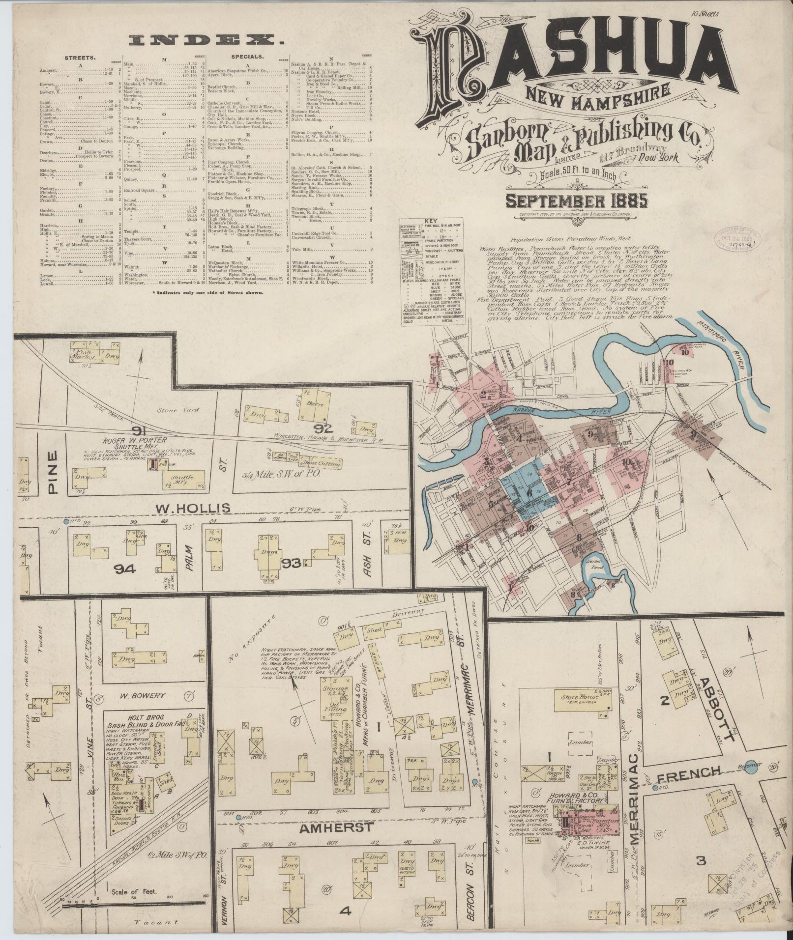 Sanborn Fire Insurance Map from Nashua, Hillsborough County, New Hampshire. (1885) – Historic Sanborn Fire Insurance Map Print