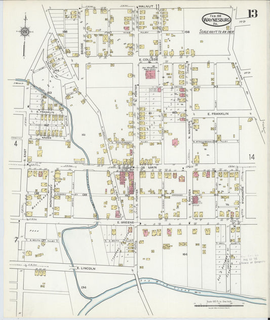 Sanborn Fire Insurance Map from Waynesburg, Greene County, Pennsylvania (1918), Sheet #0013 - Historic Sanborn Fire Insurance Map Print, vintage old map wall art, antique decor, genealogy gift, Pennsylvania Pennsylvania map