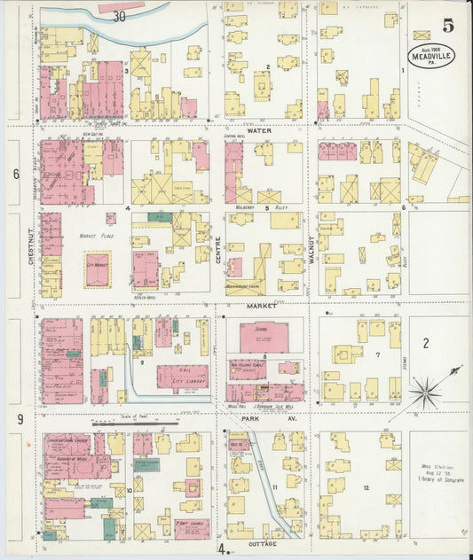 Sanborn Fire Insurance Map from Meadville, Crawford County, Pennsylvania (1905), Sheet #0005 - Historic Sanborn Fire Insurance Map Print, vintage old map wall art, antique decor, genealogy gift, Pennsylvania Pennsylvania map
