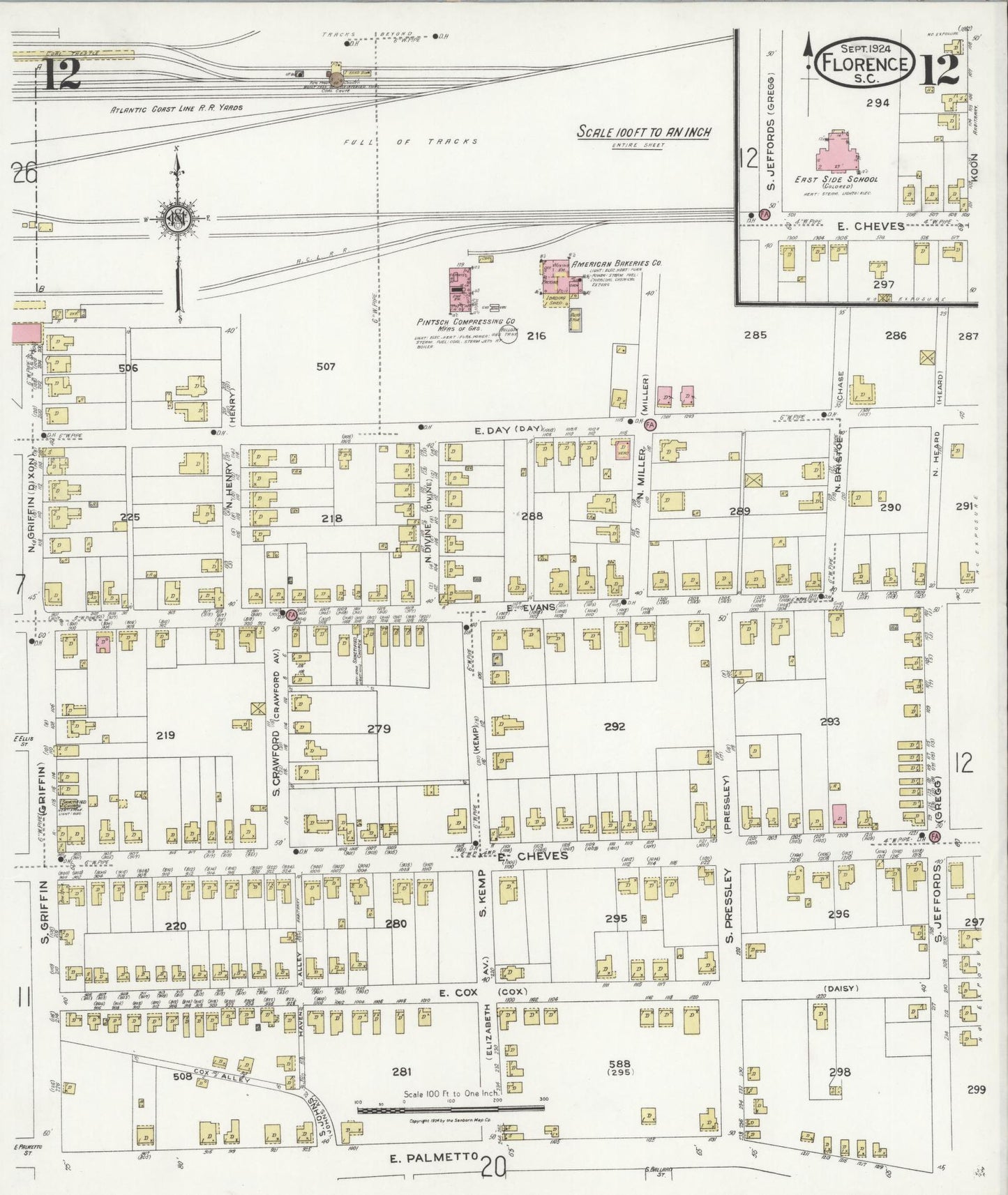 Sanborn Fire Insurance Map from Florence, Florence County, South Carolina (1924), Sheet #0012 - Historic Sanborn Fire Insurance Map Print, vintage old map wall art, antique decor, genealogy gift, South Carolina South Carolina map