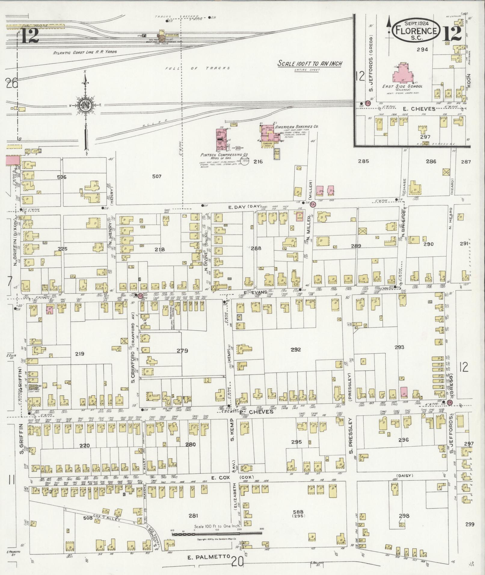 Sanborn Fire Insurance Map from Florence, Florence County, South Carolina (1924), Sheet #0012 - Historic Sanborn Fire Insurance Map Print, vintage old map wall art, antique decor, genealogy gift, South Carolina South Carolina map
