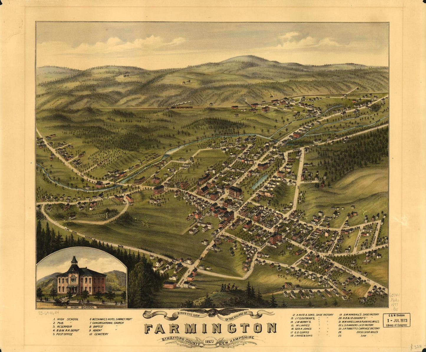 Bird's eye view of the village of Farmington, Stafford County, New Hampshire 1877. (1877) – Historic Bird’s-Eye View Panorama Print