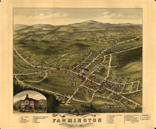 Bird's eye view of the village of Farmington, Stafford County, New Hampshire 1877. (1877) – Historic Bird’s-Eye View Panorama Print