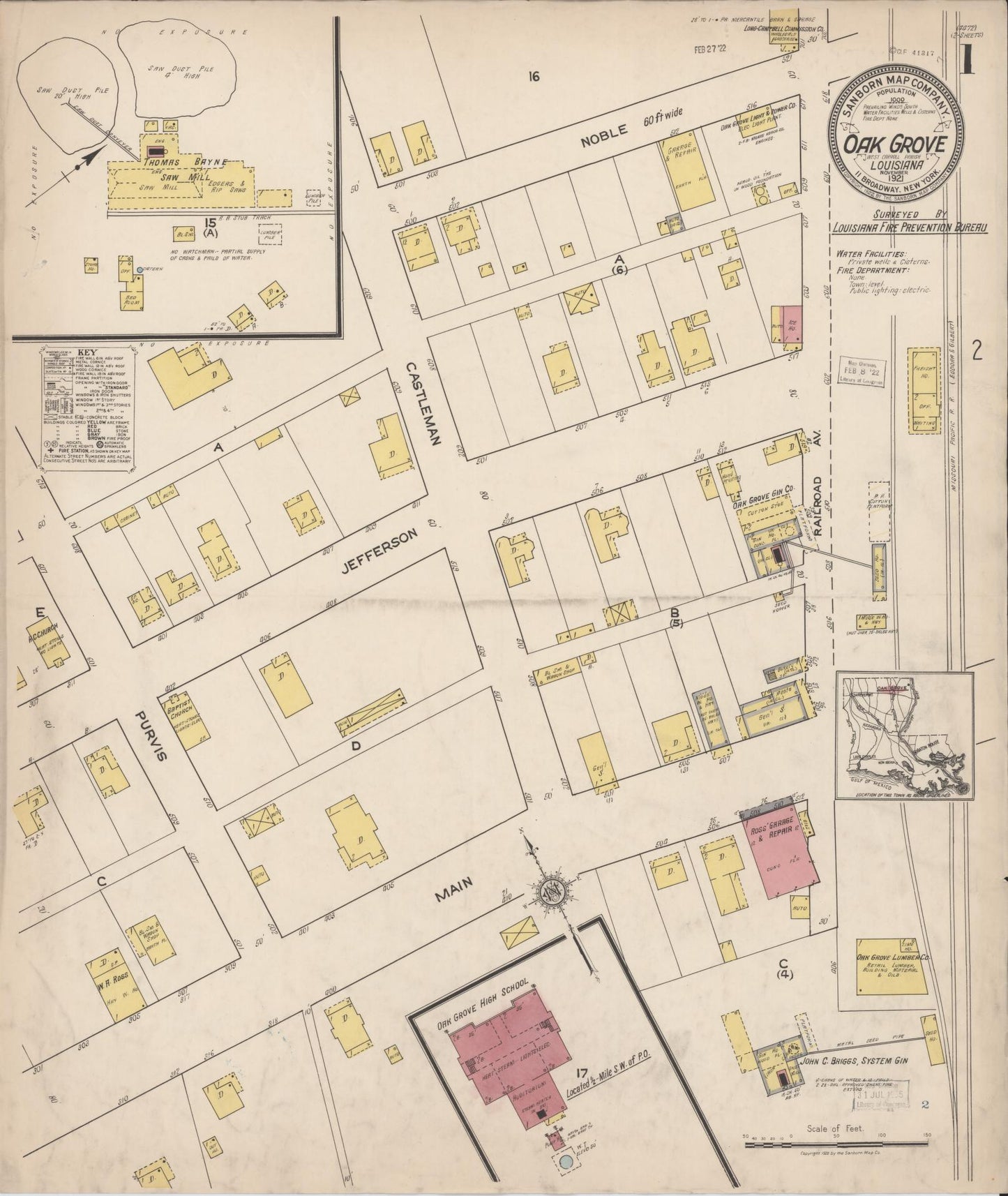 Sanborn Fire Insurance Map from Oak Grove, West Carroll Parish, Louisiana (1921), Sheet #0001 - Historic Sanborn Fire Insurance Map Print, vintage old map wall art, antique decor, genealogy gift, Louisiana Louisiana map