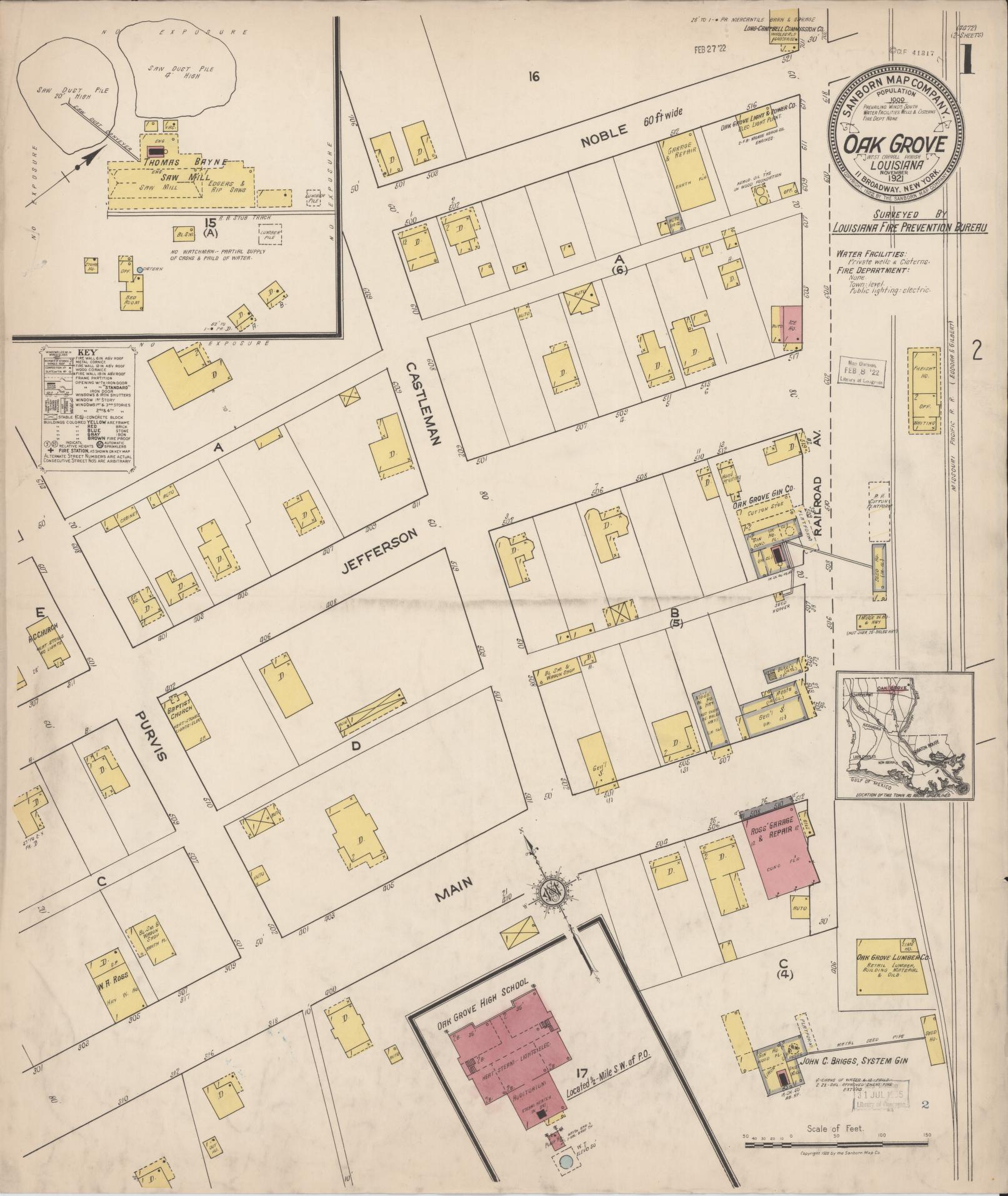 Sanborn Fire Insurance Map from Oak Grove, West Carroll Parish, Louisiana (1921), Sheet #0001 - Historic Sanborn Fire Insurance Map Print, vintage old map wall art, antique decor, genealogy gift, Louisiana Louisiana map