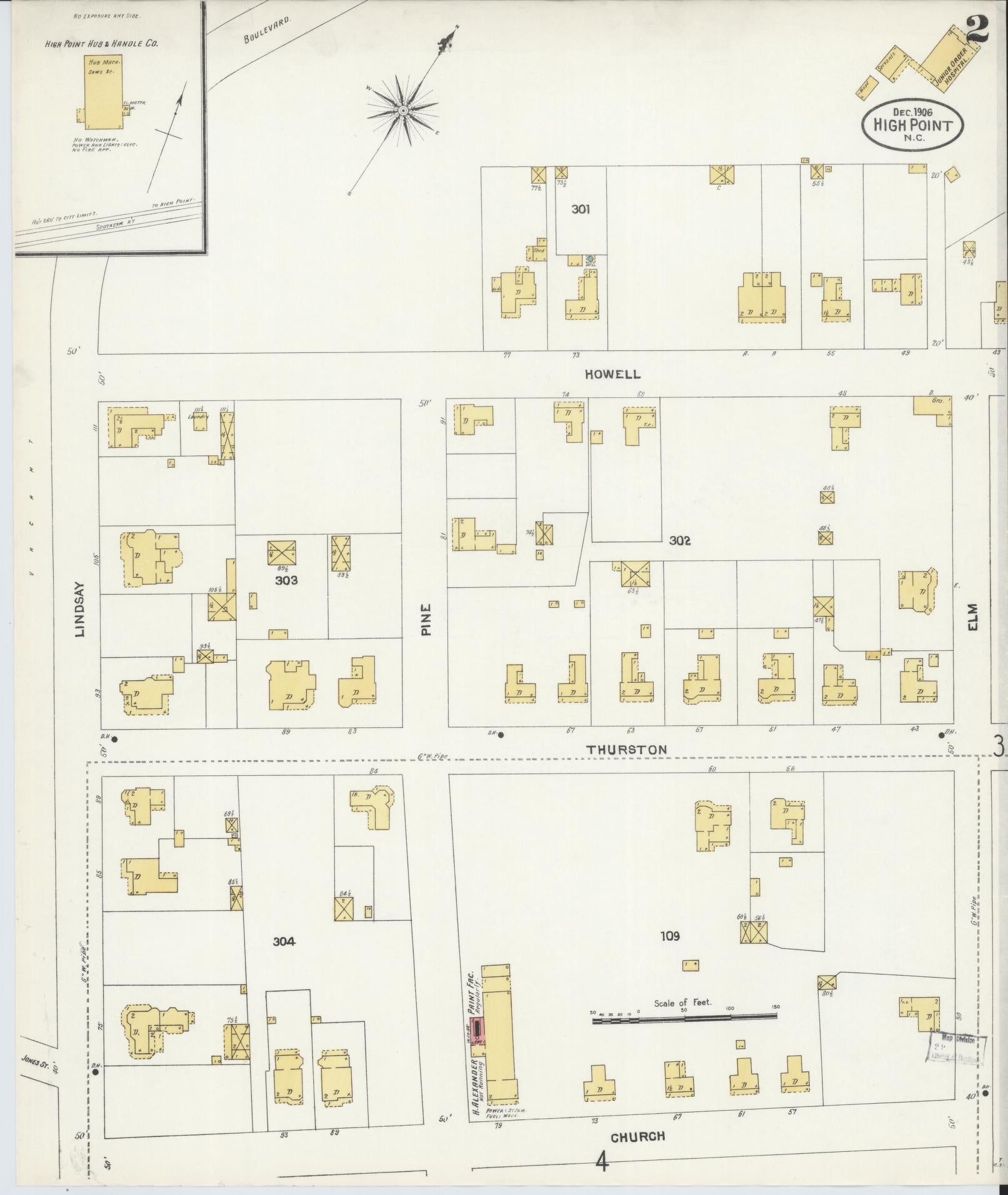 Sanborn Fire Insurance Map from High Point, Guilford County, North Carolina (1906), Sheet #0002 - Complete Map Set gallery image, historic Sanborn map, vintage wall art, North Carolina North Carolina