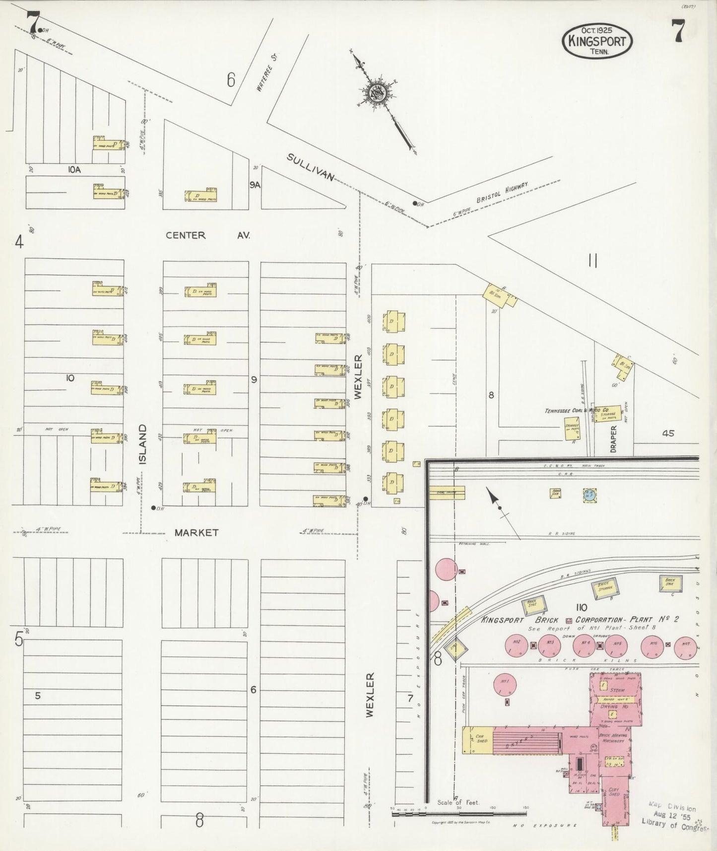 Sanborn Fire Insurance Map from Kingsport, Sullivan County, Tennessee (1925), Sheet #0007 - Complete Map Set gallery image, historic Sanborn map, vintage wall art, Tennessee Tennessee