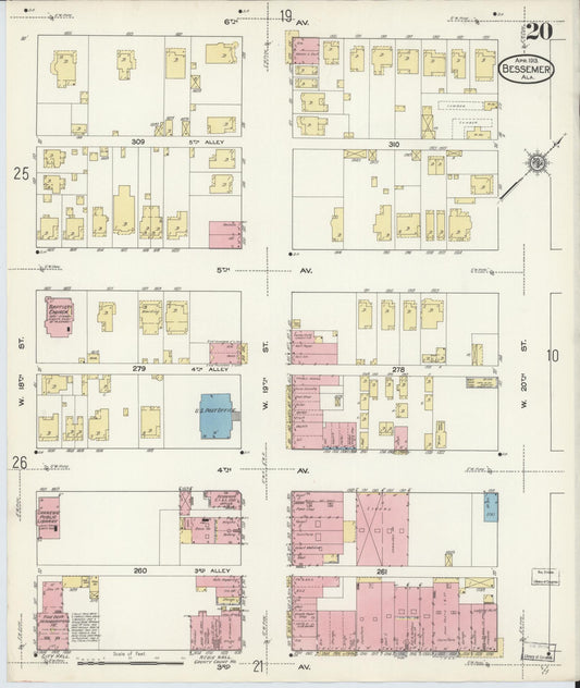 Sanborn Fire Insurance Map from Bessemer, Jefferson County, Alabama (1913), Sheet #0020 - Historic Sanborn Fire Insurance Map Print, vintage old map wall art, antique decor, genealogy gift, Alabama Alabama map