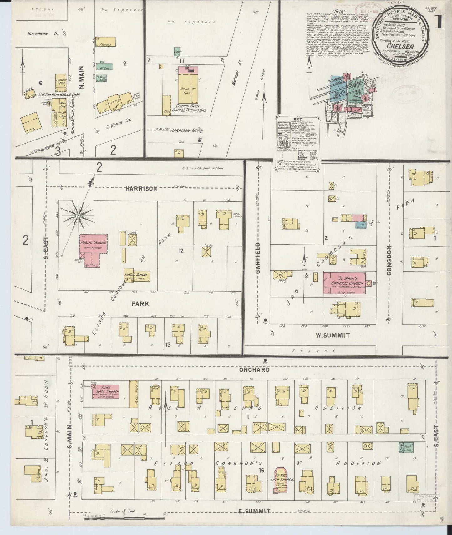 Sanborn Fire Insurance Map from Chelsea, Washtenaw County, Michigan (1899), Sheet #0001 - Complete Map Set gallery image, historic Sanborn map, vintage wall art, Michigan Michigan