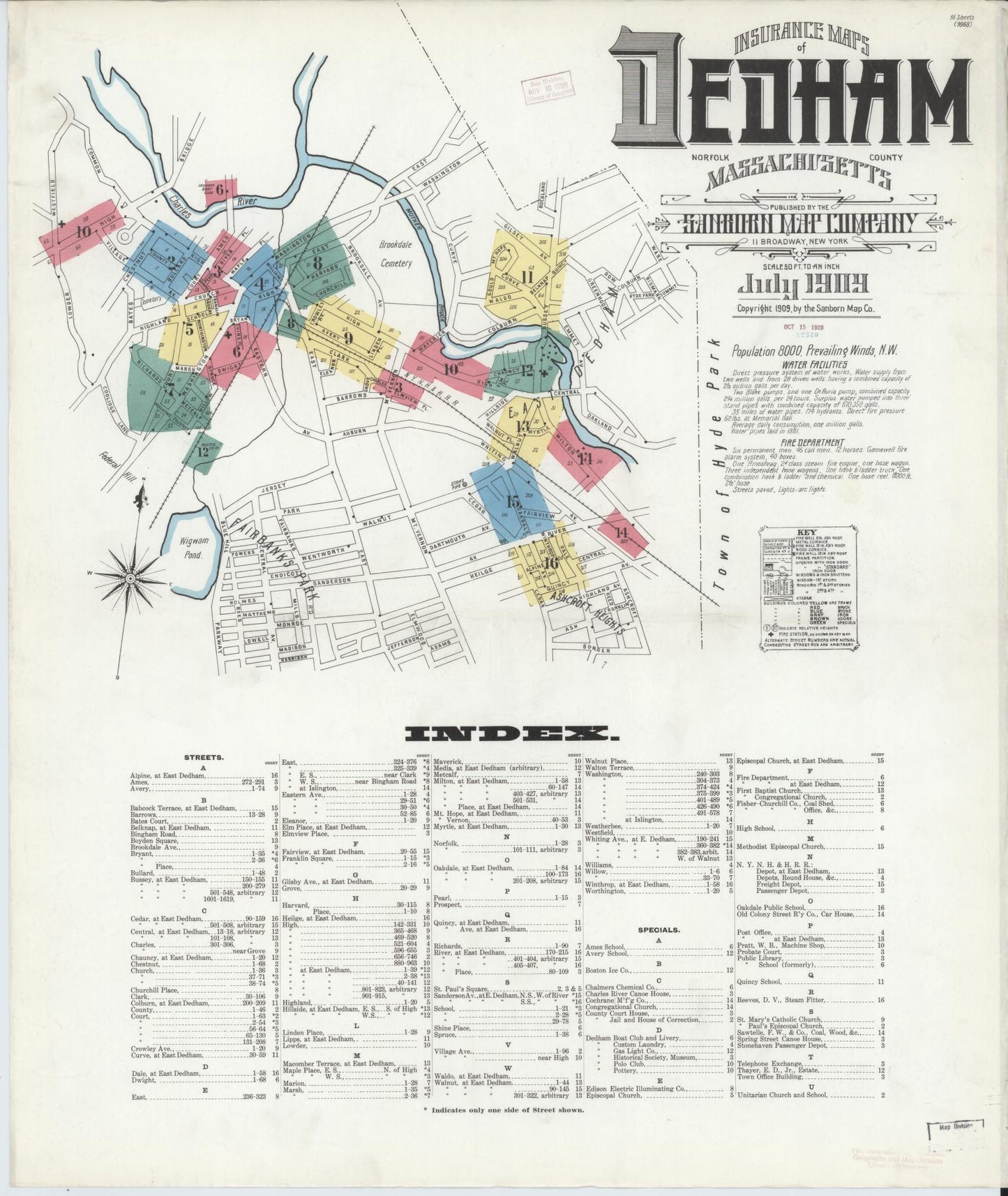 Sanborn Fire Insurance Map from Dedham, Norfolk County, Massachusetts (1909), Sheet #0001 - Complete Map Set gallery image, historic Sanborn map, vintage wall art, Massachusetts Massachusetts