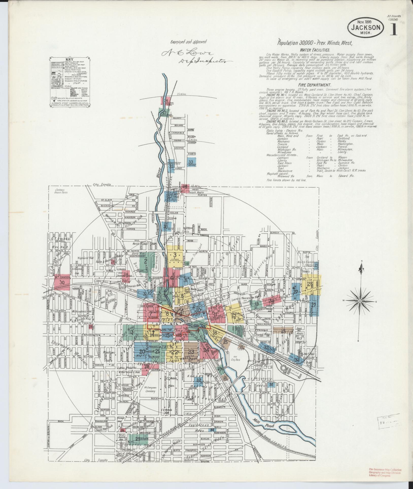 Sanborn Fire Insurance Map from Jackson, Jackson County, Michigan (1899), Sheet #0001 - Historic Sanborn Fire Insurance Map Print, vintage old map wall art, antique decor, genealogy gift, Michigan Michigan map