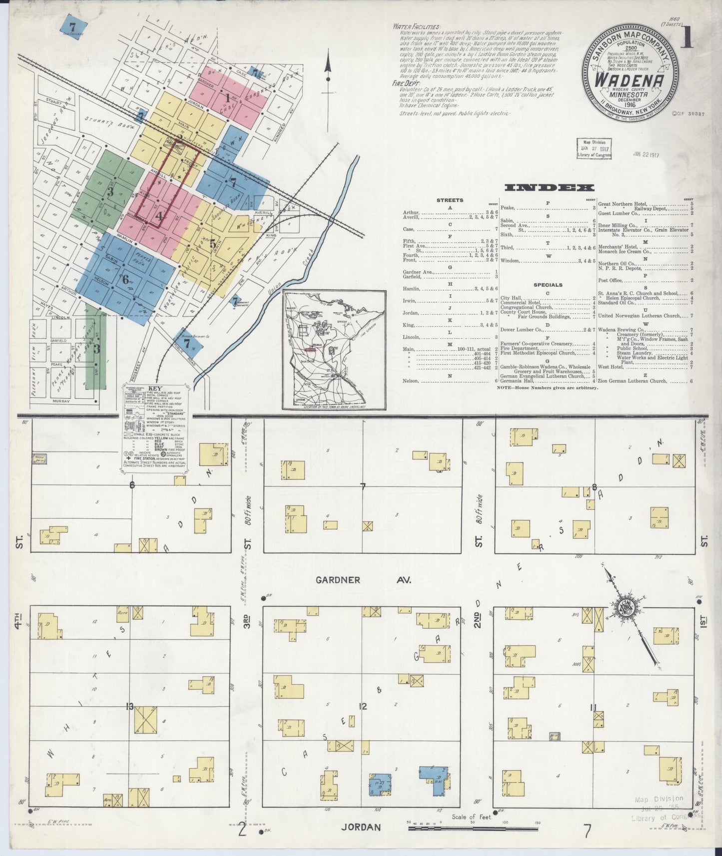 Sanborn Fire Insurance Map from Wadena, Wadena County, Minnesota (1916), Sheet #0001 - Complete Map Set gallery image, historic Sanborn map, vintage wall art, Minnesota Minnesota