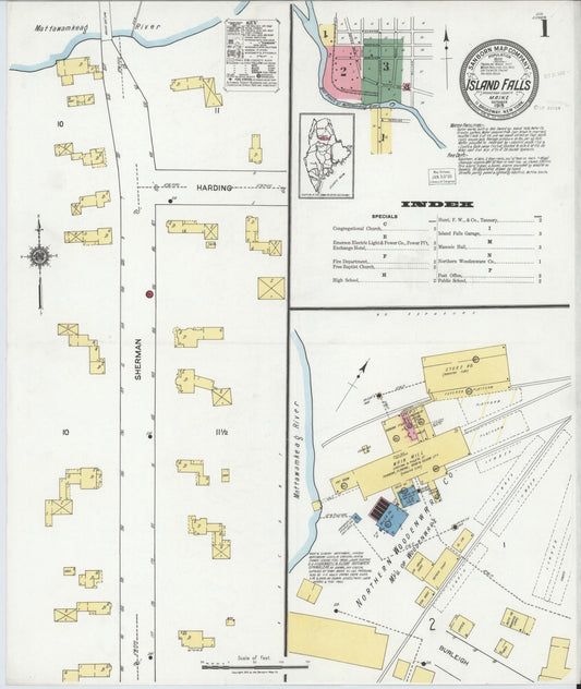 Sanborn Fire Insurance Map from Island Falls, Aroostook County, Maine (1919), Sheet #0001 - Complete Map Set gallery image, historic Sanborn map, vintage wall art, Maine Maine