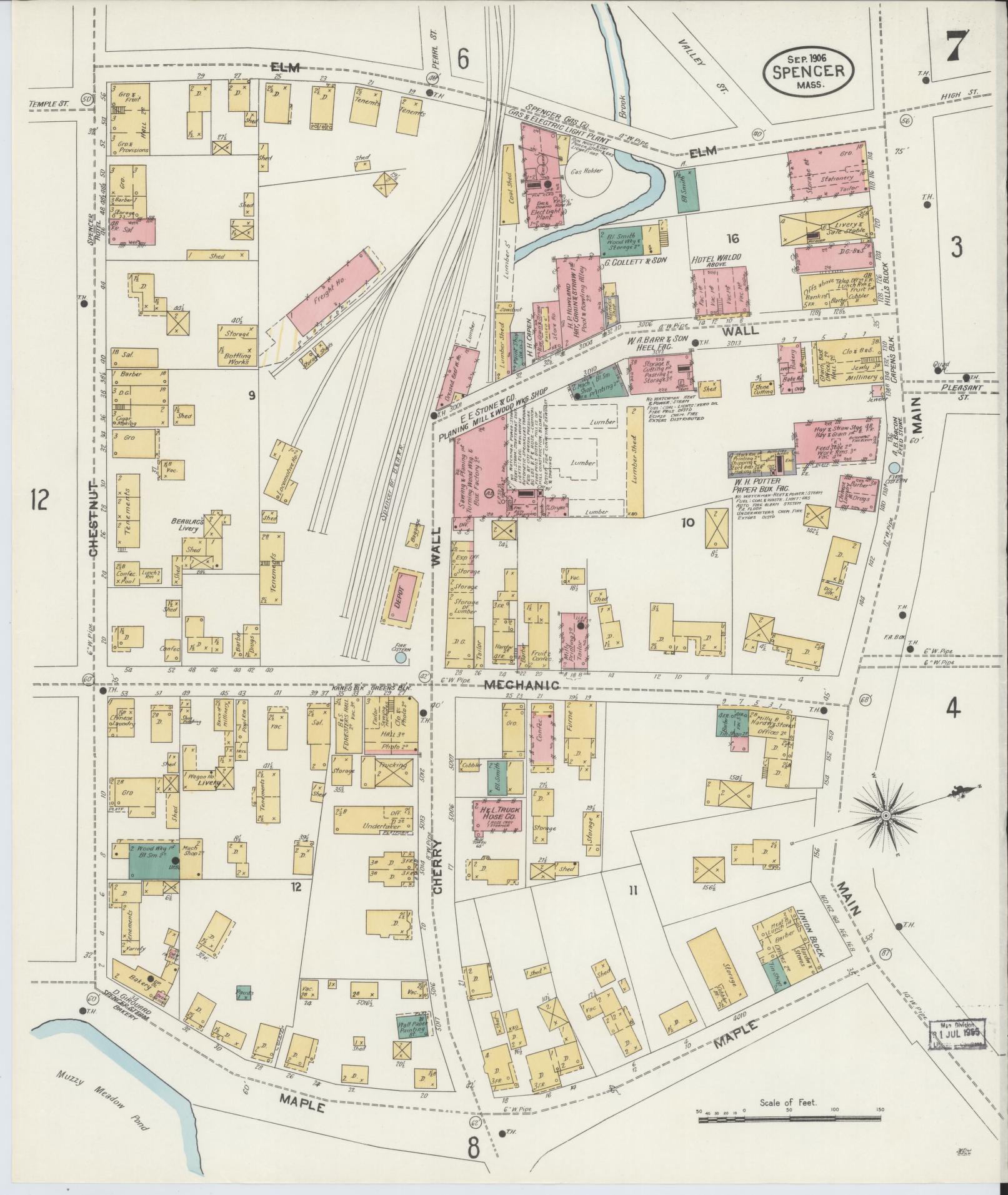 Sanborn Fire Insurance Map from Spencer, Worcester County, Massachusetts (1906), Sheet #0007 - Historic Sanborn Fire Insurance Map Print, vintage old map wall art, antique decor, genealogy gift, Massachusetts Massachusetts map