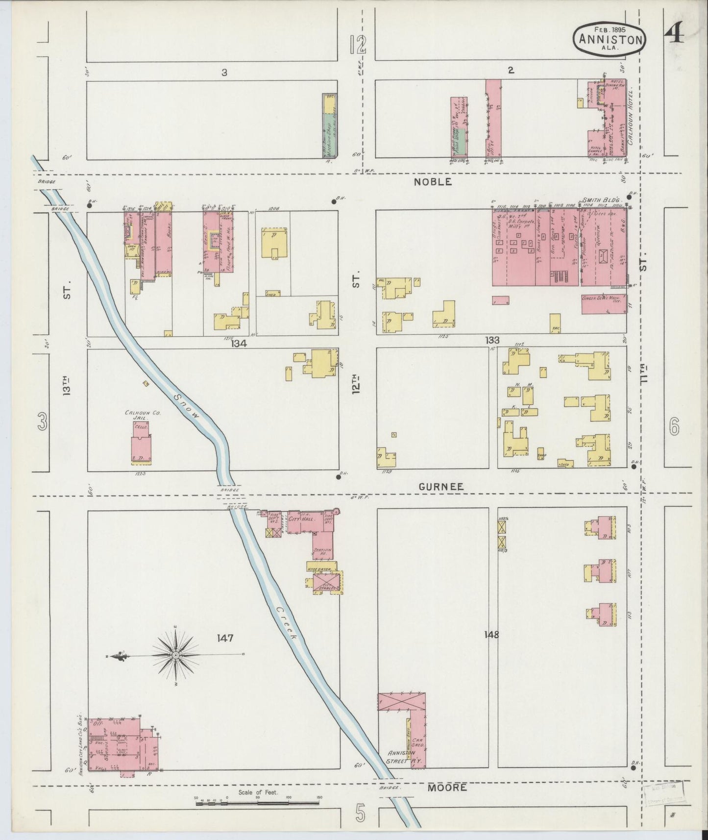 Sanborn Fire Insurance Map from Anniston, Calhoun County, Alabama (1895), Sheet #0004 - Historic Sanborn Fire Insurance Map Print, vintage old map wall art, antique decor, genealogy gift, Alabama Alabama map