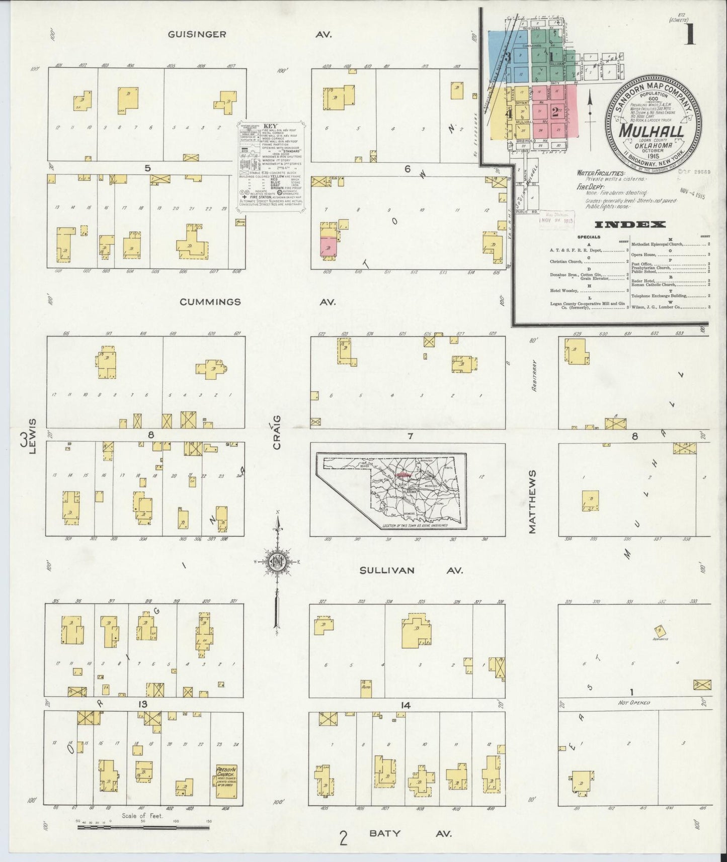 Sanborn Fire Insurance Map from Mulhall, Logan County, Oklahoma (1915), Sheet #0001 - Historic Sanborn Fire Insurance Map Print, vintage old map wall art, antique decor, genealogy gift, Oklahoma Oklahoma map