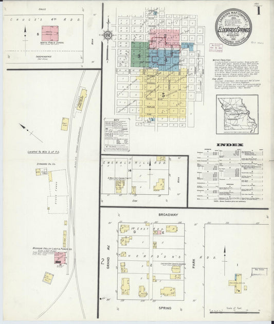 Sanborn Fire Insurance Map from Eldorado Springs, Cedar County, Missouri (1914), Sheet #0001 - Complete Map Set gallery image, historic Sanborn map, vintage wall art, Missouri Missouri