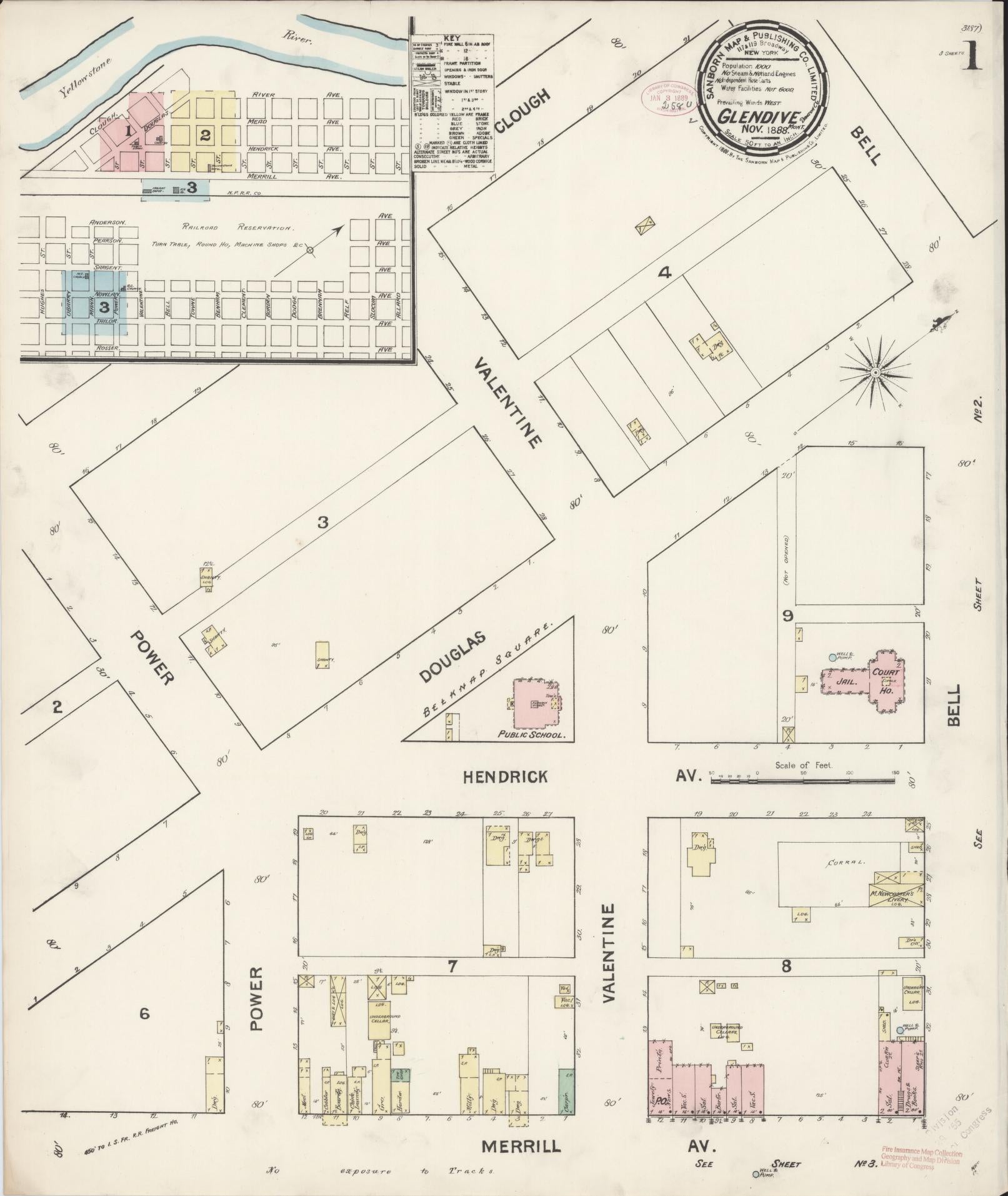 Sanborn Fire Insurance Map from Glendive, Dawson County, Montana (1888), Sheet #0001 - Historic Sanborn Fire Insurance Map Print, vintage old map wall art, antique decor, genealogy gift, Montana Montana map