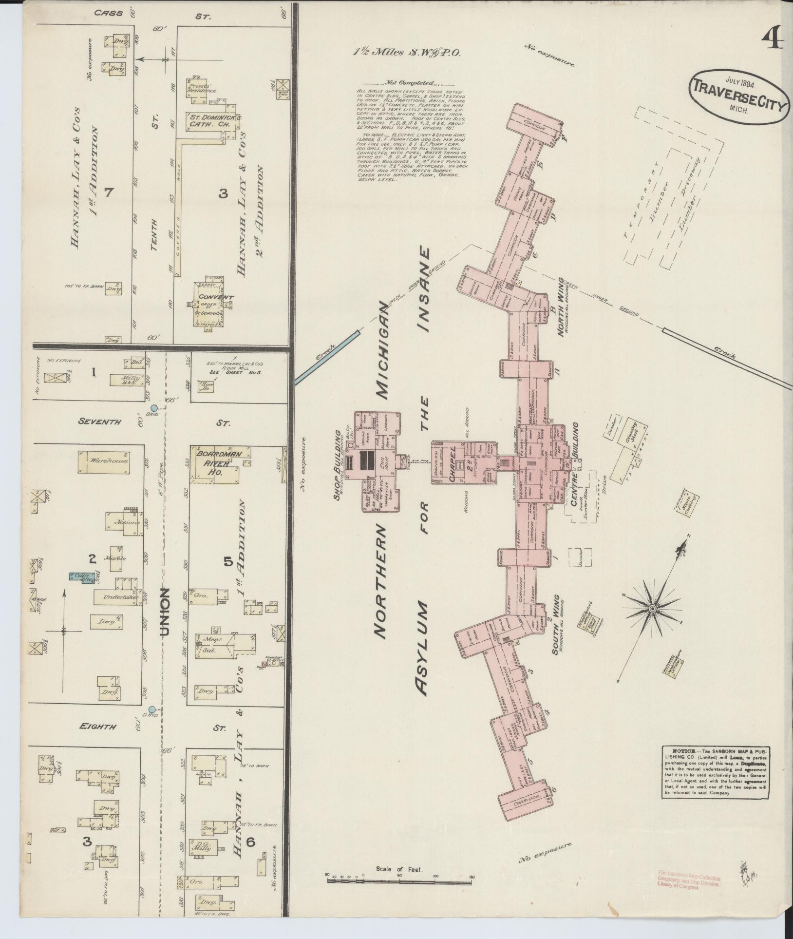 Sanborn Fire Insurance Map from Traverse City, Grand Traverse County, Michigan (1884), Sheet #0004 - Historic Sanborn Fire Insurance Map Print, vintage old map wall art, antique decor, genealogy gift, Michigan Michigan map