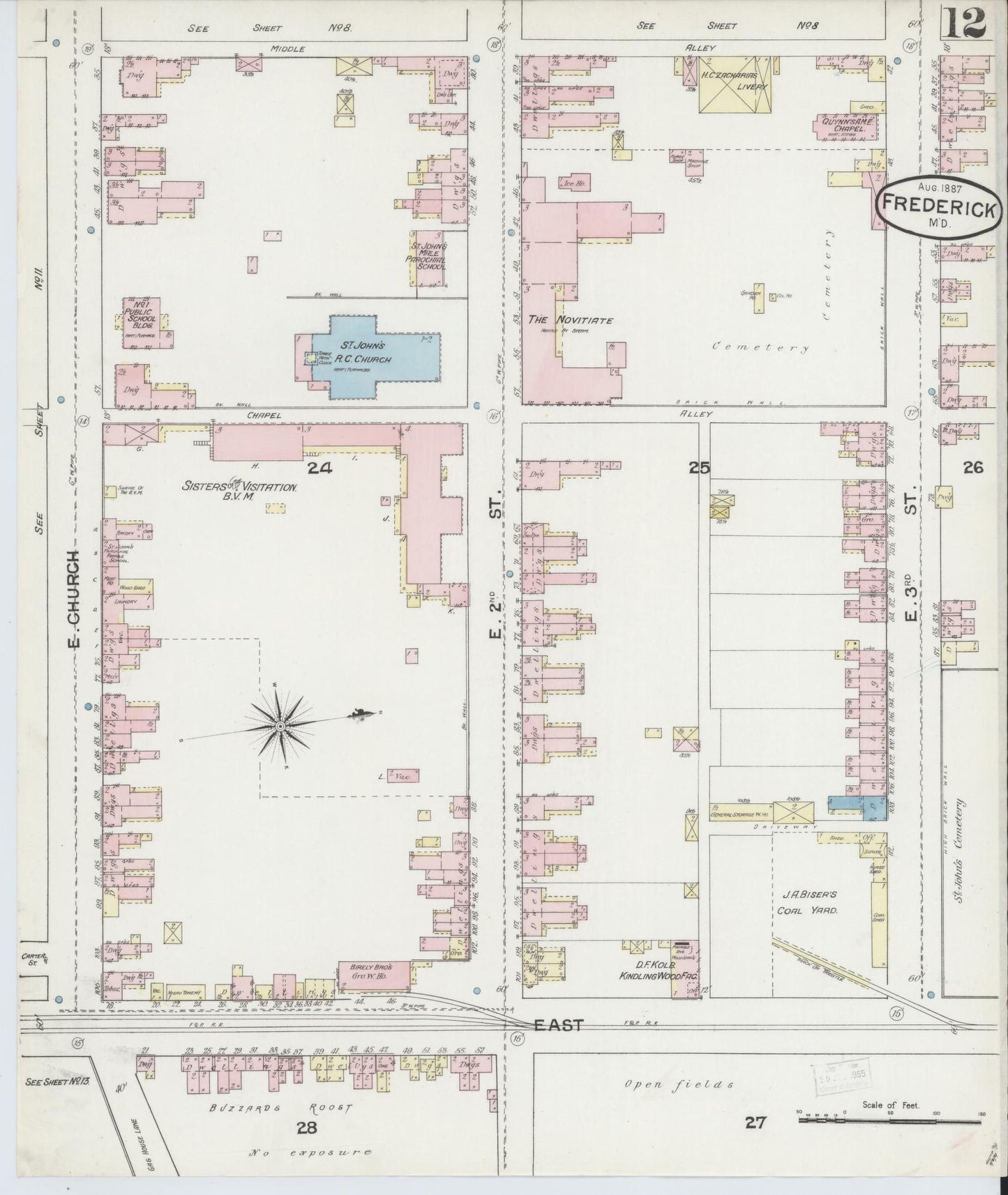 Frederick, Maryland - 1887 - Sanborn Fire Insurance Map, Sheet #0012 - Historic Sanborn Fire Insurance Map Print, Frederick Maryland 1887 0012 vintage old map wall art