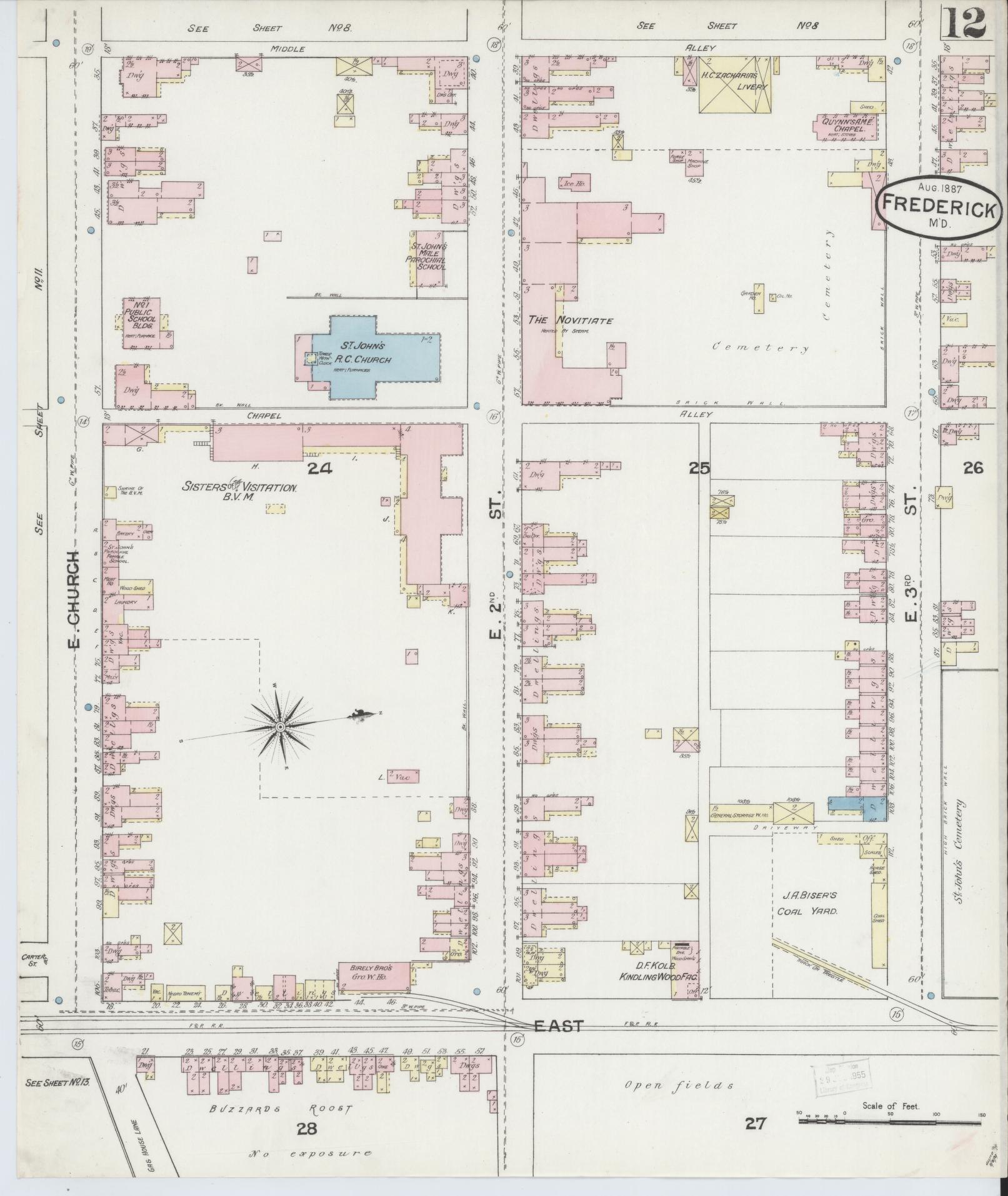 Frederick, Maryland - 1887 - Sanborn Fire Insurance Map, Sheet #0012 - Historic Sanborn Fire Insurance Map Print, Frederick Maryland 1887 0012 vintage old map wall art