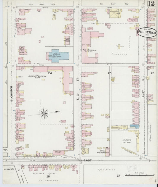 Frederick, Maryland - 1887 - Sanborn Fire Insurance Map, Sheet #0012 - Historic Sanborn Fire Insurance Map Print, Frederick Maryland 1887 0012 vintage old map wall art
