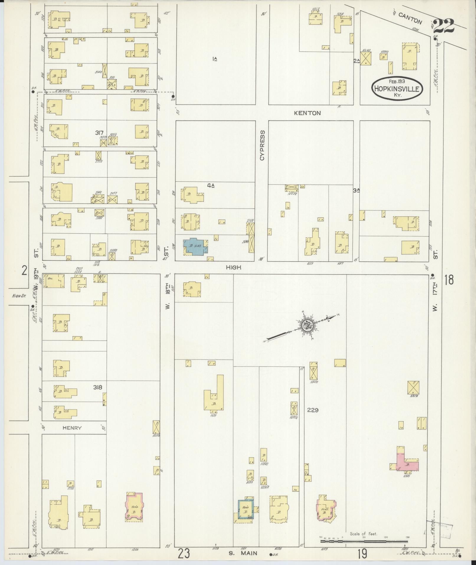 Sanborn Fire Insurance Map from Hopkinsville, Christian County, Kentucky (1913), Sheet #0022 - Historic Sanborn Fire Insurance Map Print, vintage old map wall art, antique decor, genealogy gift, Kentucky Kentucky map